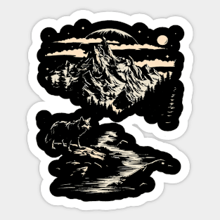 Majestic Wilderness: Lone Wolf and Mountain Landscape Tee for her for him, men and woman Sticker